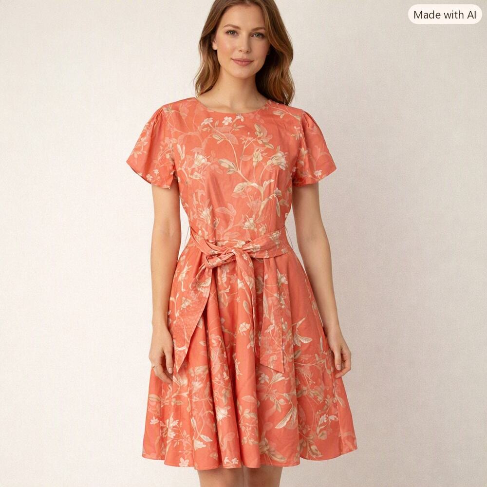 Antonio Melani Orange Belted A-Line Floral Dress Size 10